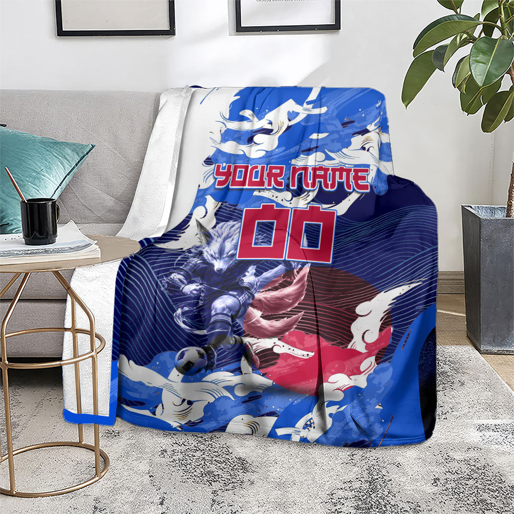 Personalized Japan Football Blanket Kitsune Samurai Mascot - Traditional Wave Heritage