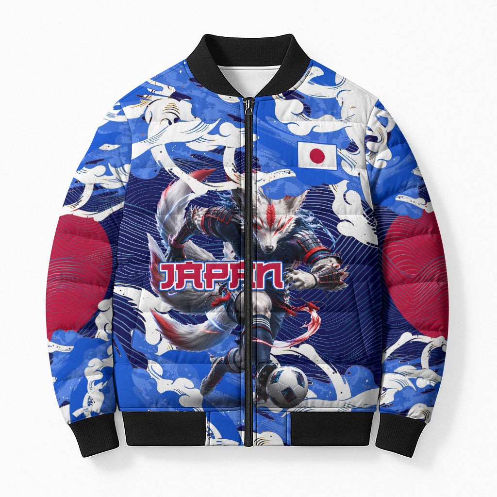 Personalized Japan Football Bomber Puffer Jacket Kitsune Samurai Mascot - Traditional Wave Heritage