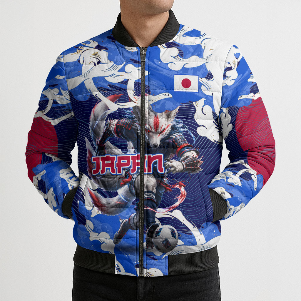 Personalized Japan Football Bomber Puffer Jacket Kitsune Samurai Mascot - Traditional Wave Heritage