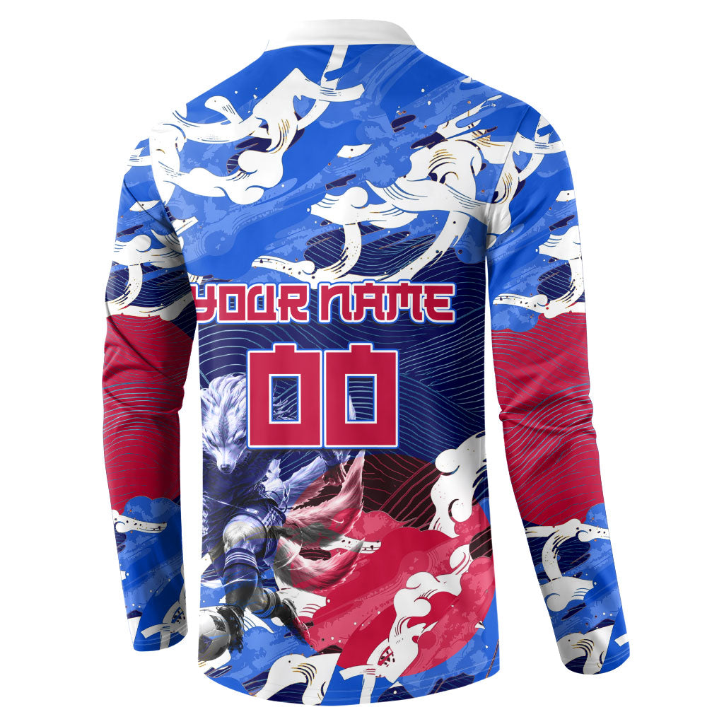 Personalized Japan Football Button Sweatshirt Kitsune Samurai Mascot - Traditional Wave Heritage