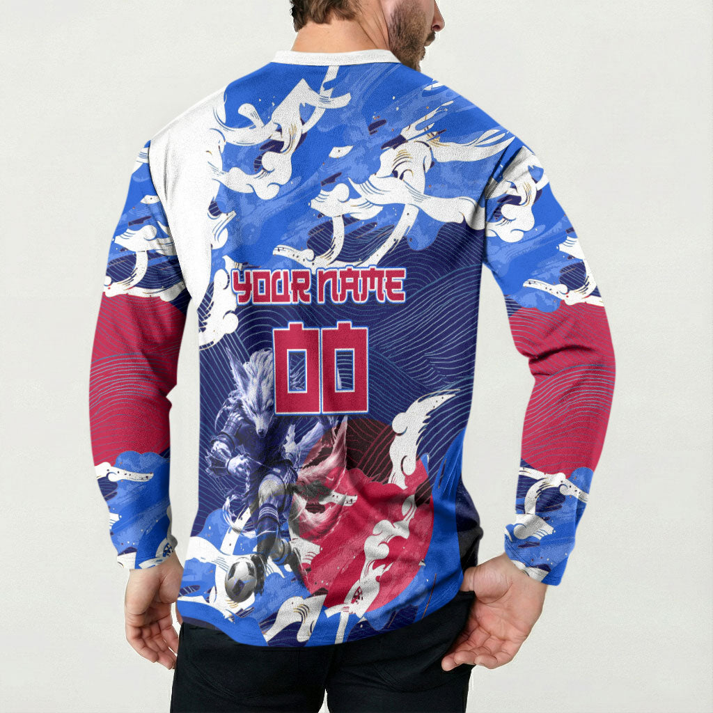 Personalized Japan Football Button Sweatshirt Kitsune Samurai Mascot - Traditional Wave Heritage