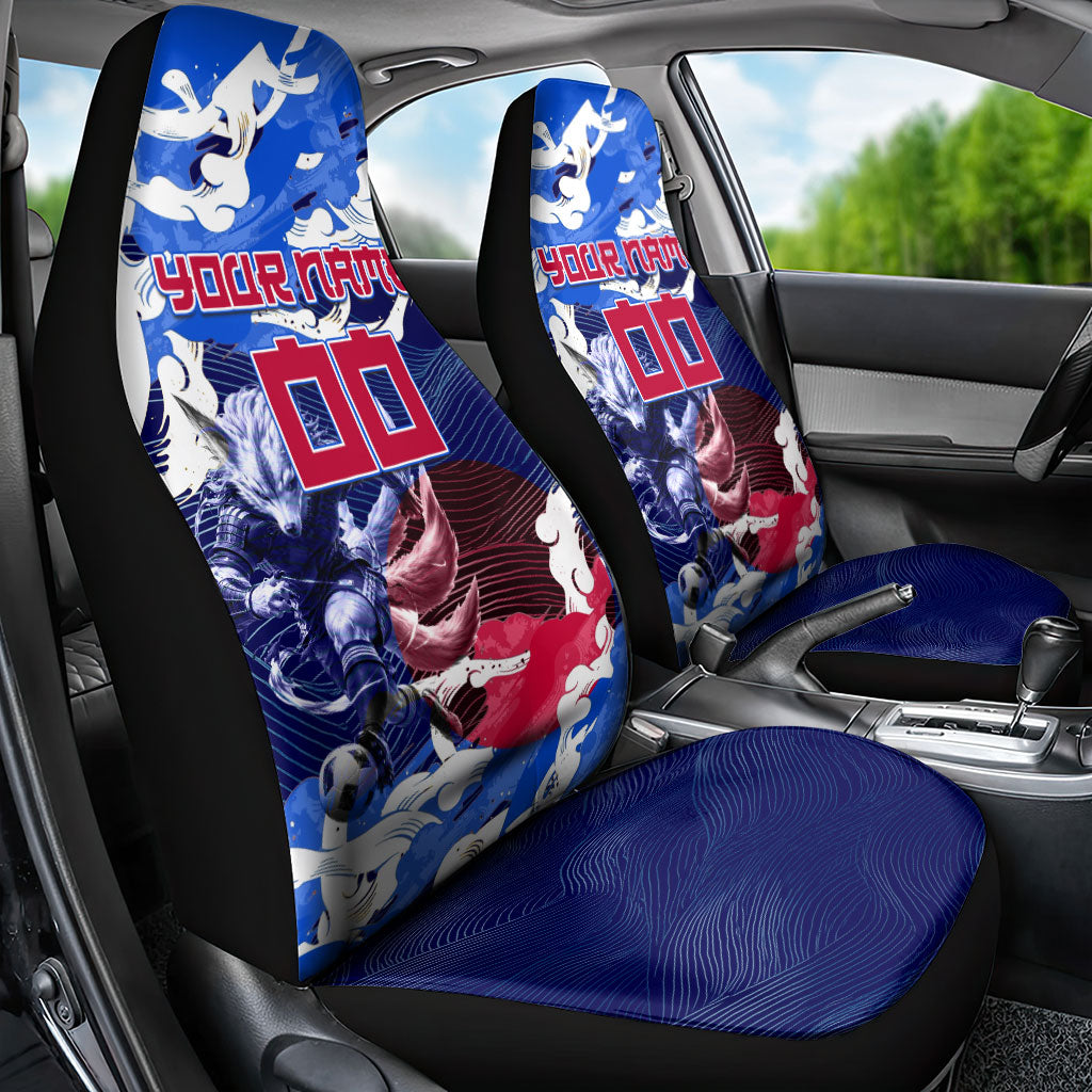 Personalized Japan Football Car Seat Cover Kitsune Samurai Mascot - Traditional Wave Heritage