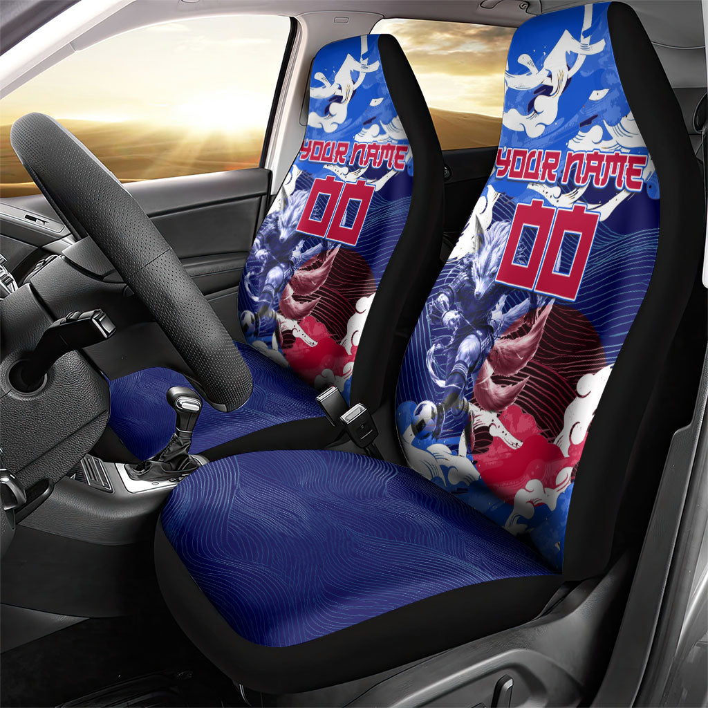 Personalized Japan Football Car Seat Cover Kitsune Samurai Mascot - Traditional Wave Heritage