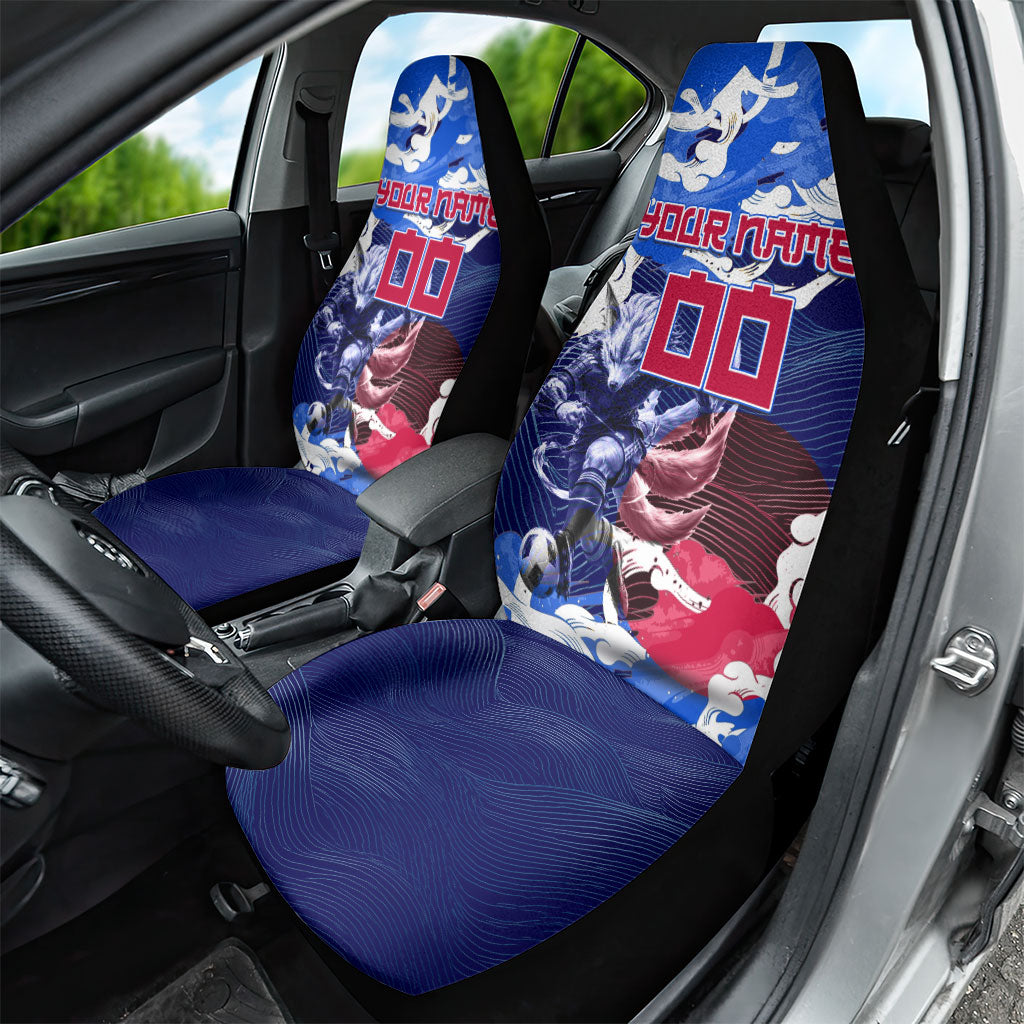 Personalized Japan Football Car Seat Cover Kitsune Samurai Mascot - Traditional Wave Heritage