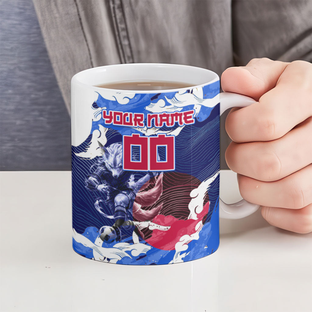 Personalized Japan Football Ceramic Mug Kitsune Samurai Mascot - Traditional Wave Heritage