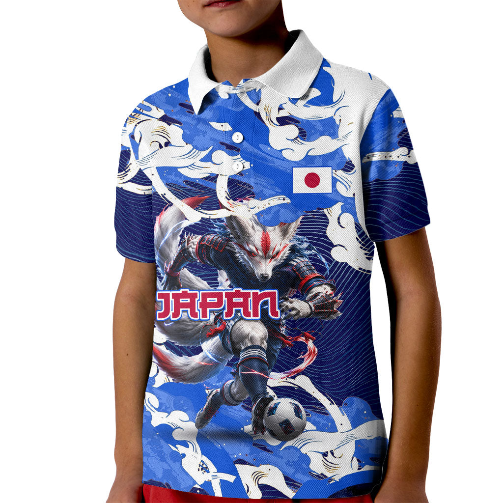 Personalized Japan Football Kid Polo Shirt Kitsune Samurai Mascot - Traditional Wave Heritage