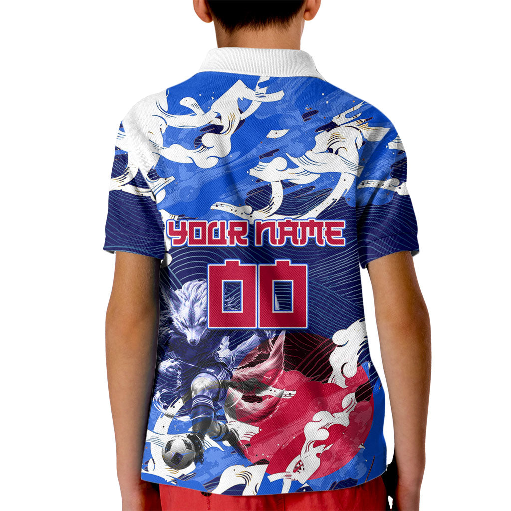 Personalized Japan Football Kid Polo Shirt Kitsune Samurai Mascot - Traditional Wave Heritage
