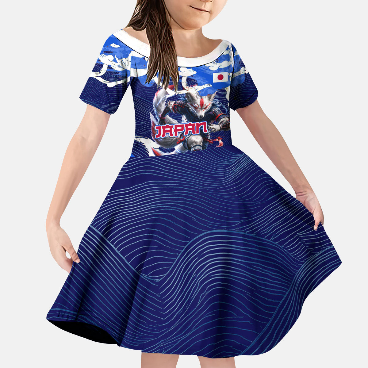 Personalized Japan Football Kid Short Sleeve Dress Kitsune Samurai Mascot - Traditional Wave Heritage