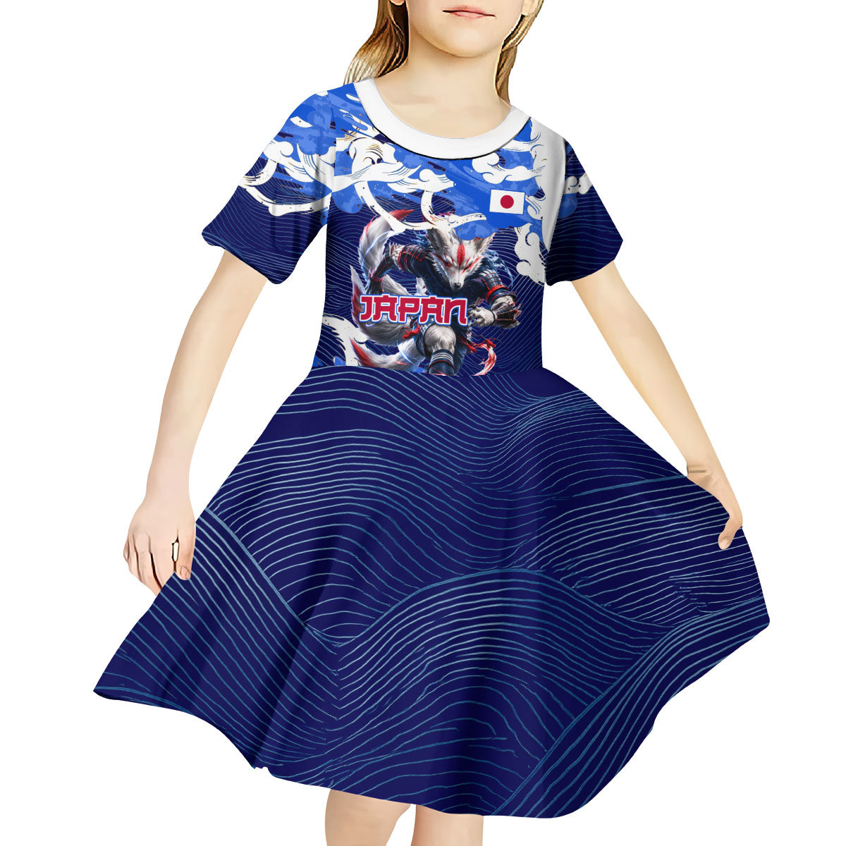 Personalized Japan Football Kid Short Sleeve Dress Kitsune Samurai Mascot - Traditional Wave Heritage