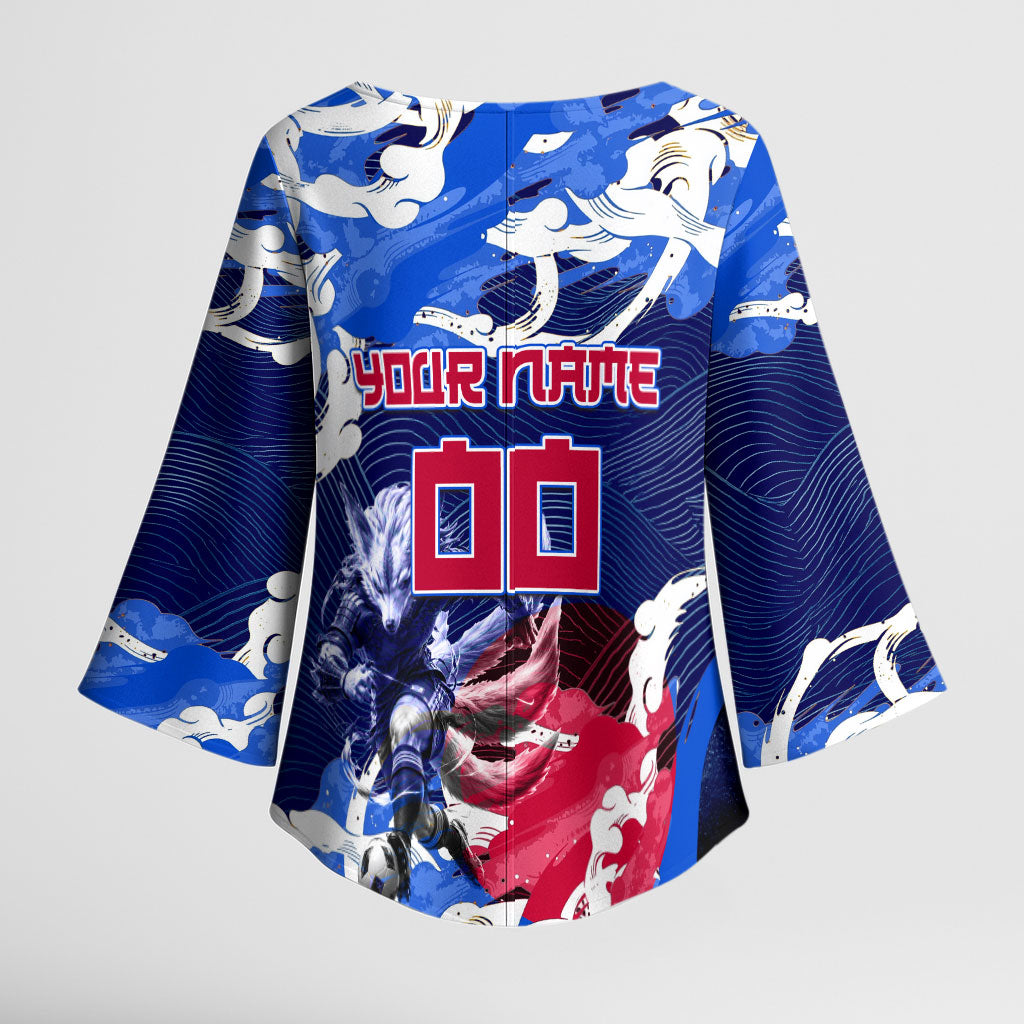 Personalized Japan Football Kimono Sleeve Blouse Kitsune Samurai Mascot - Traditional Wave Heritage