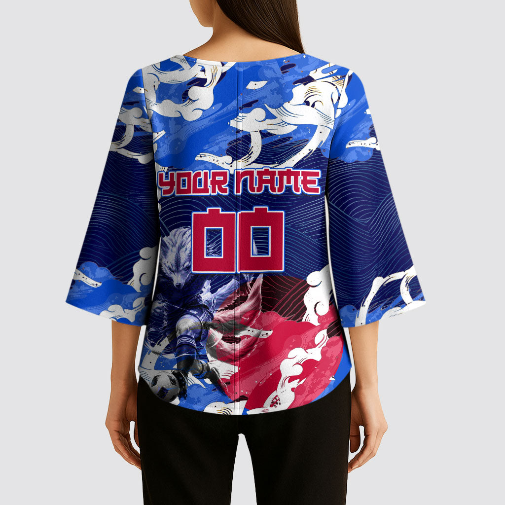 Personalized Japan Football Kimono Sleeve Blouse Kitsune Samurai Mascot - Traditional Wave Heritage
