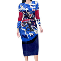 Personalized Japan Football Long Sleeve Bodycon Dress Kitsune Samurai Mascot - Traditional Wave Heritage