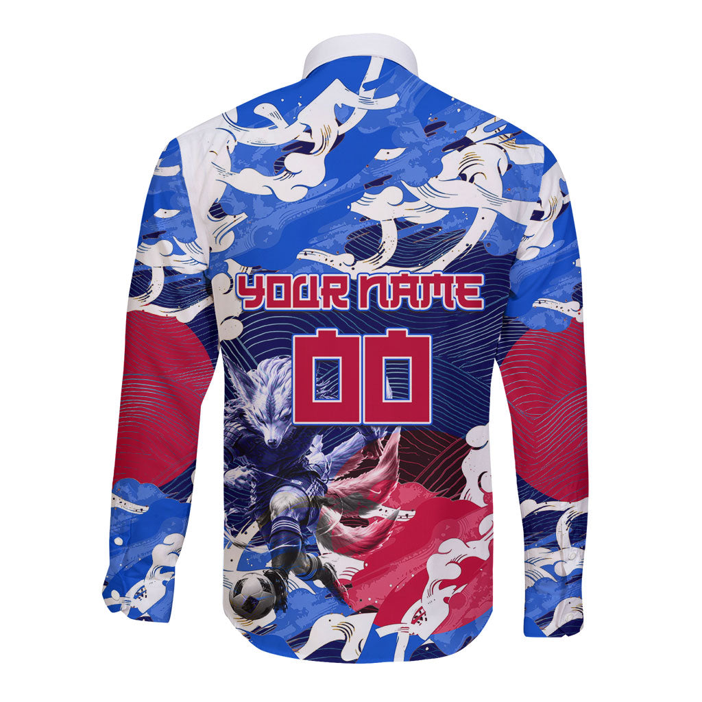 Personalized Japan Football Long Sleeve Button Shirt Kitsune Samurai Mascot - Traditional Wave Heritage