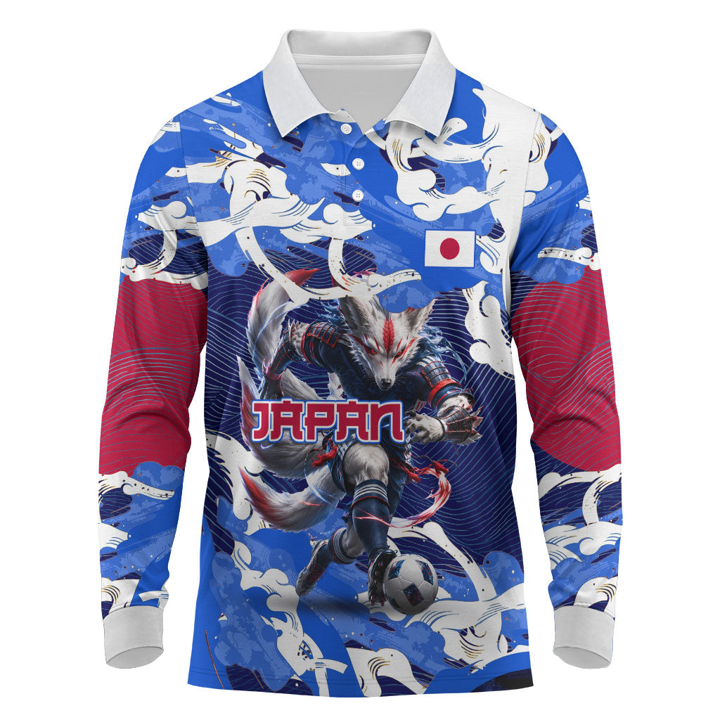 Personalized Japan Football Long Sleeve Polo Shirt Kitsune Samurai Mascot - Traditional Wave Heritage