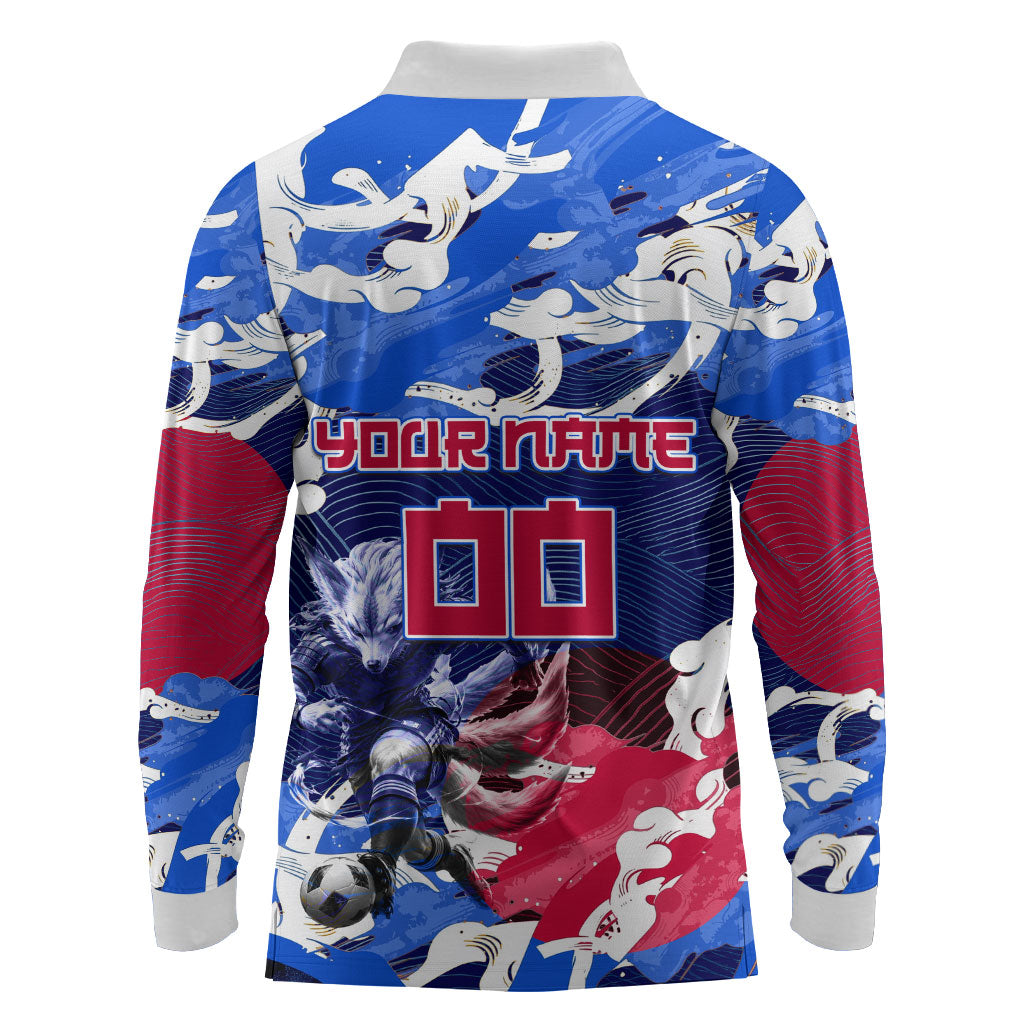 Personalized Japan Football Long Sleeve Polo Shirt Kitsune Samurai Mascot - Traditional Wave Heritage