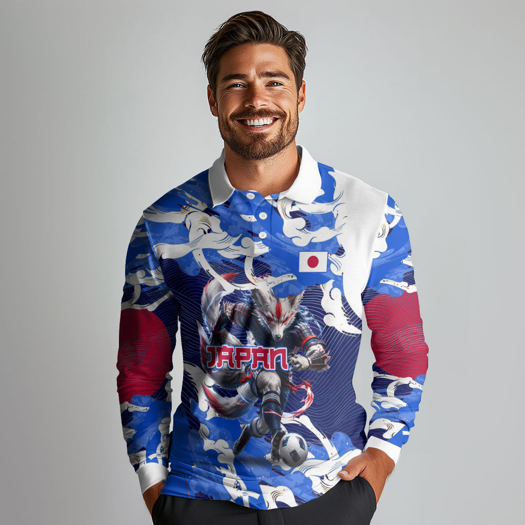 Personalized Japan Football Long Sleeve Polo Shirt Kitsune Samurai Mascot - Traditional Wave Heritage