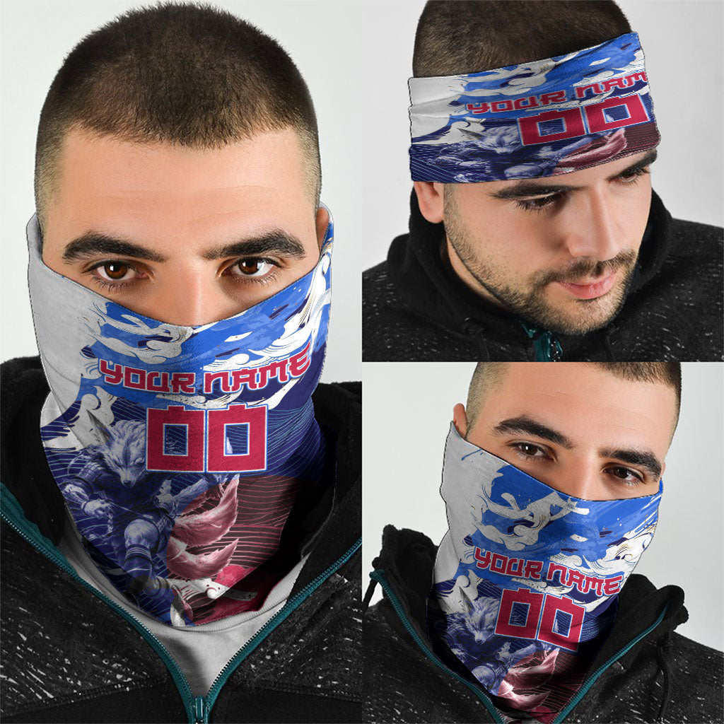 Personalized Japan Football Neck Gaiter Kitsune Samurai Mascot - Traditional Wave Heritage