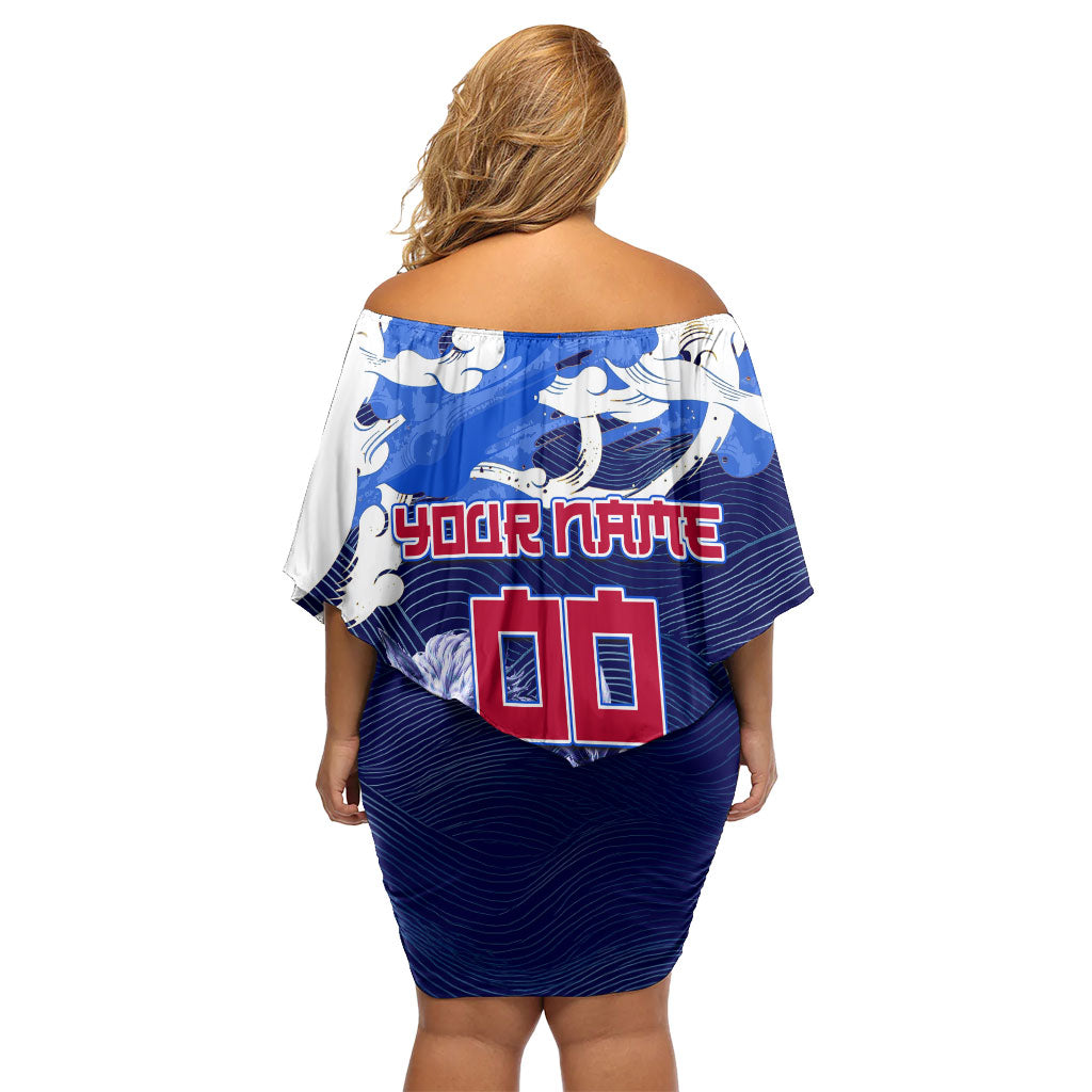 Personalized Japan Football Off Shoulder Short Dress Kitsune Samurai Mascot - Traditional Wave Heritage