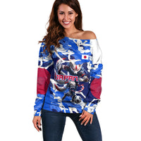 Personalized Japan Football Off Shoulder Sweater Kitsune Samurai Mascot - Traditional Wave Heritage
