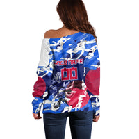 Personalized Japan Football Off Shoulder Sweater Kitsune Samurai Mascot - Traditional Wave Heritage