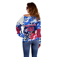 Personalized Japan Football Off Shoulder Sweater Kitsune Samurai Mascot - Traditional Wave Heritage