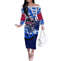 Personalized Japan Football Off The Shoulder Long Sleeve Dress Kitsune Samurai Mascot - Traditional Wave Heritage