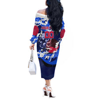 Personalized Japan Football Off The Shoulder Long Sleeve Dress Kitsune Samurai Mascot - Traditional Wave Heritage