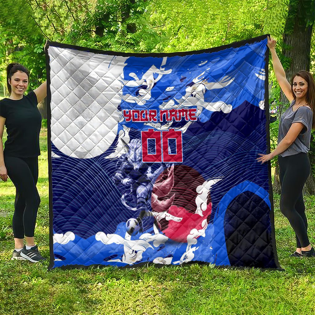 Personalized Japan Football Quilt Kitsune Samurai Mascot - Traditional Wave Heritage