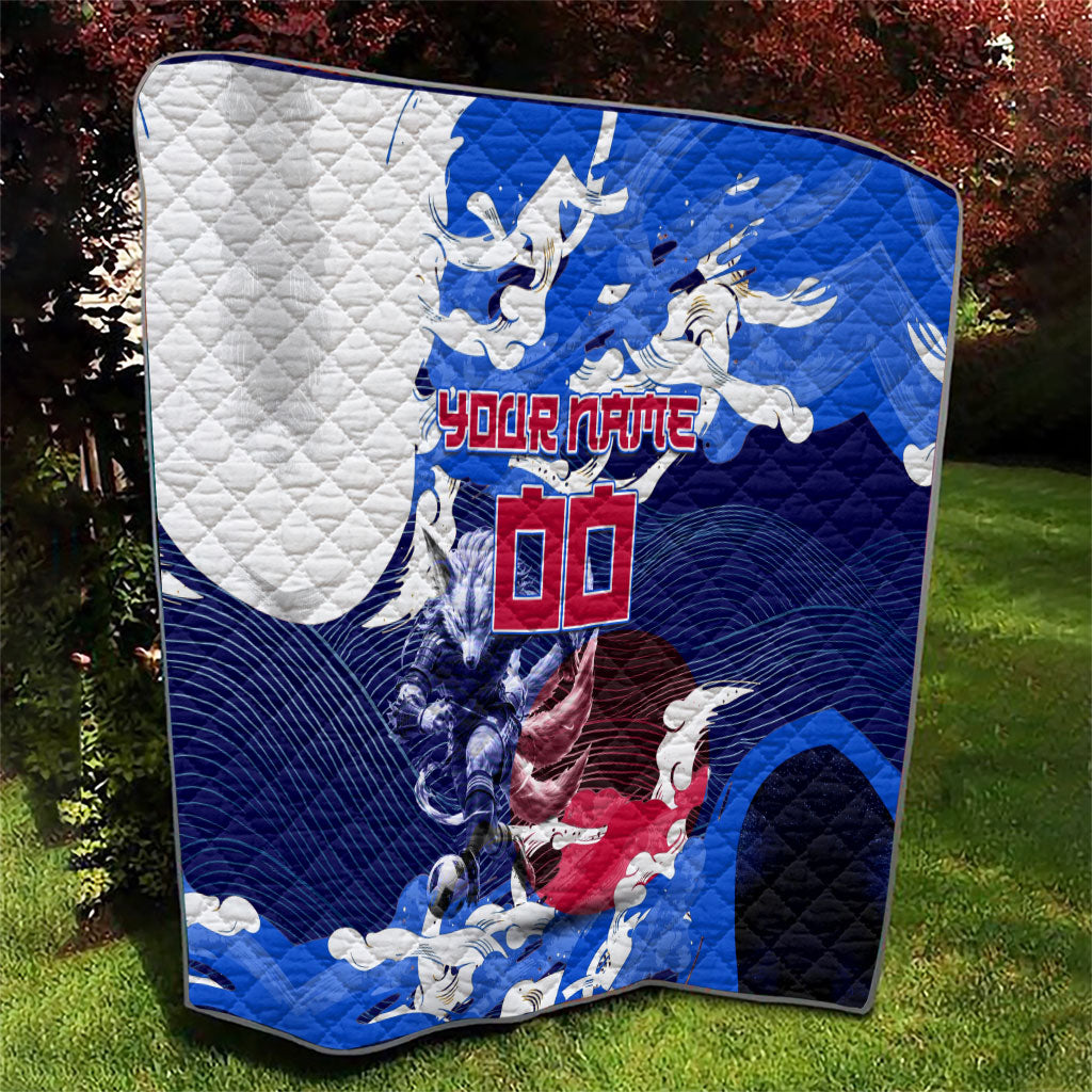 Personalized Japan Football Quilt Kitsune Samurai Mascot - Traditional Wave Heritage