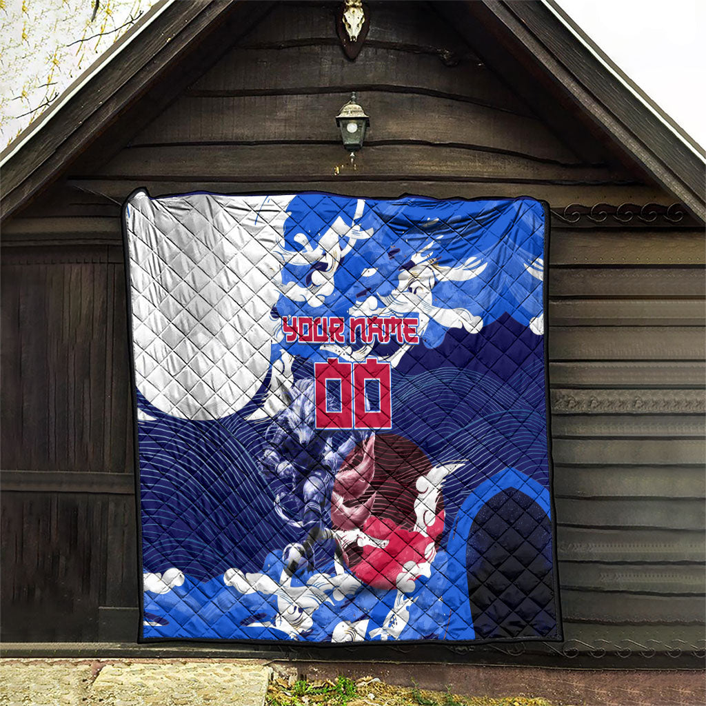 Personalized Japan Football Quilt Kitsune Samurai Mascot - Traditional Wave Heritage