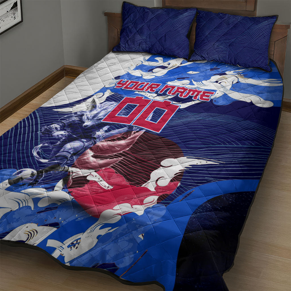 Personalized Japan Football Quilt Bed Set Kitsune Samurai Mascot - Traditional Wave Heritage