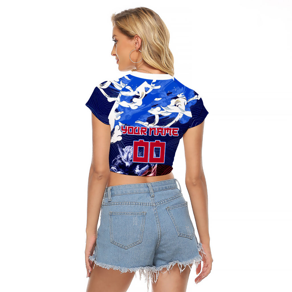 Personalized Japan Football Raglan Cropped T Shirt Kitsune Samurai Mascot - Traditional Wave Heritage