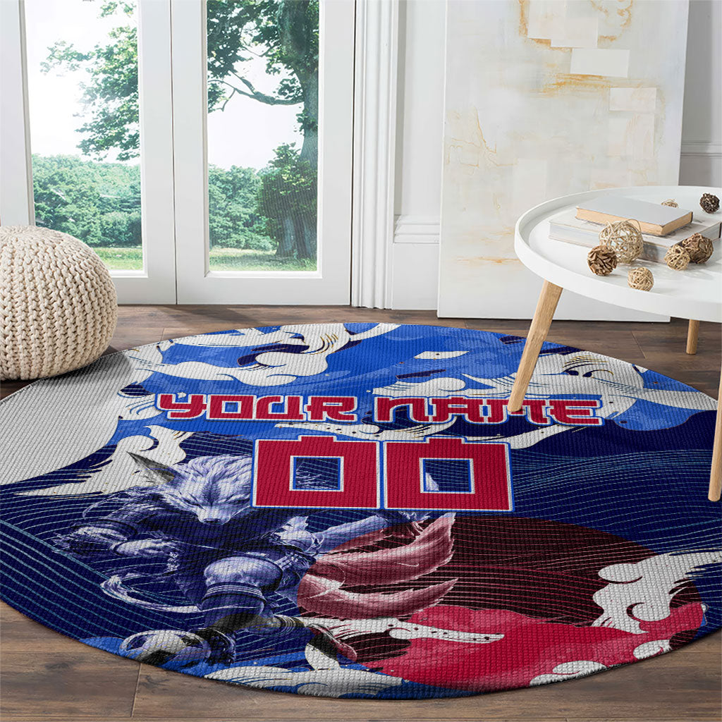 Personalized Japan Football Round Carpet Kitsune Samurai Mascot - Traditional Wave Heritage