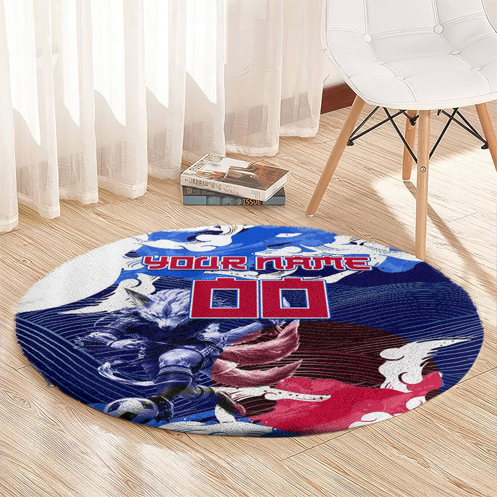 Personalized Japan Football Round Carpet Kitsune Samurai Mascot - Traditional Wave Heritage