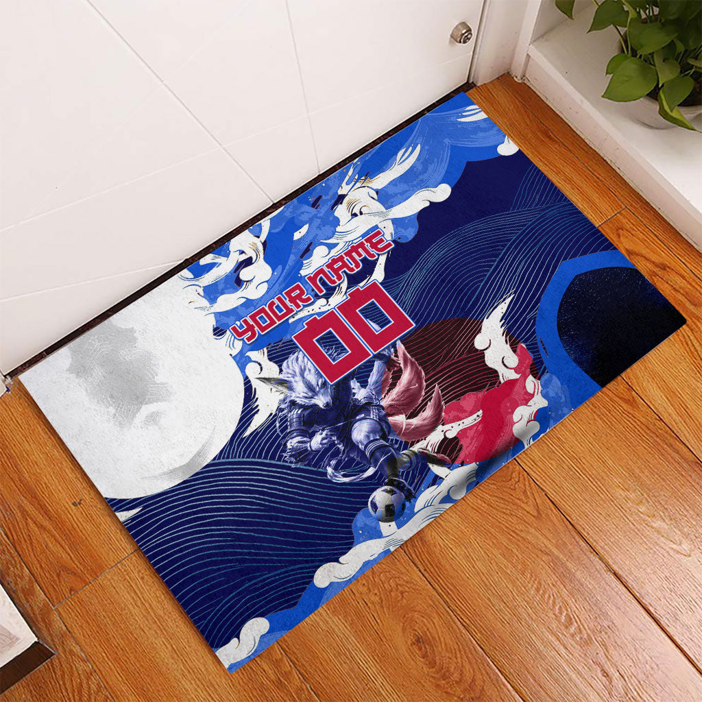 Personalized Japan Football Rubber Doormat Kitsune Samurai Mascot - Traditional Wave Heritage