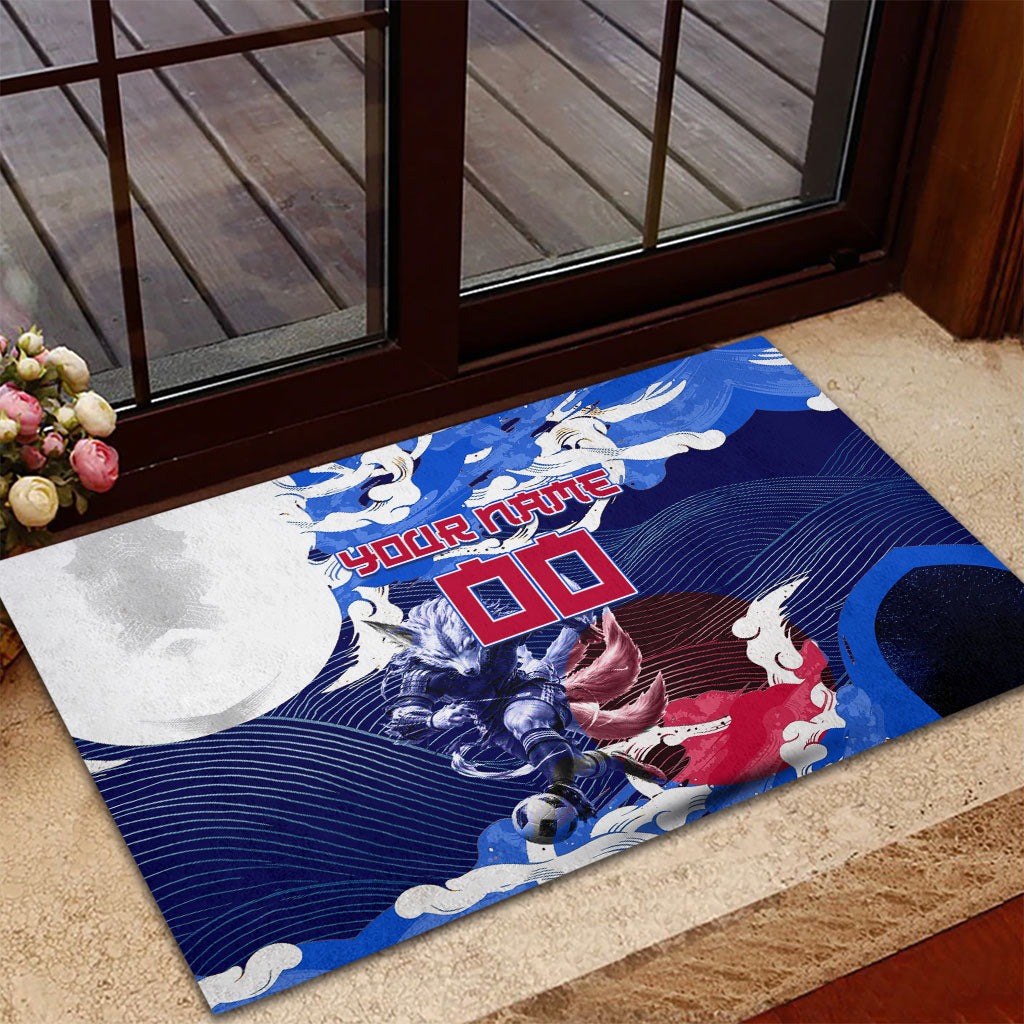 Personalized Japan Football Rubber Doormat Kitsune Samurai Mascot - Traditional Wave Heritage