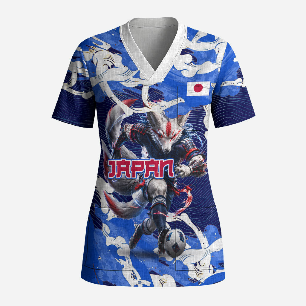 Personalized Japan Football Scrub Top Kitsune Samurai Mascot - Traditional Wave Heritage