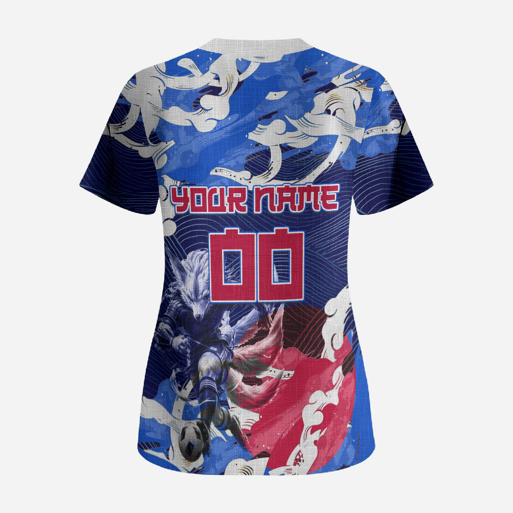 Personalized Japan Football Scrub Top Kitsune Samurai Mascot - Traditional Wave Heritage