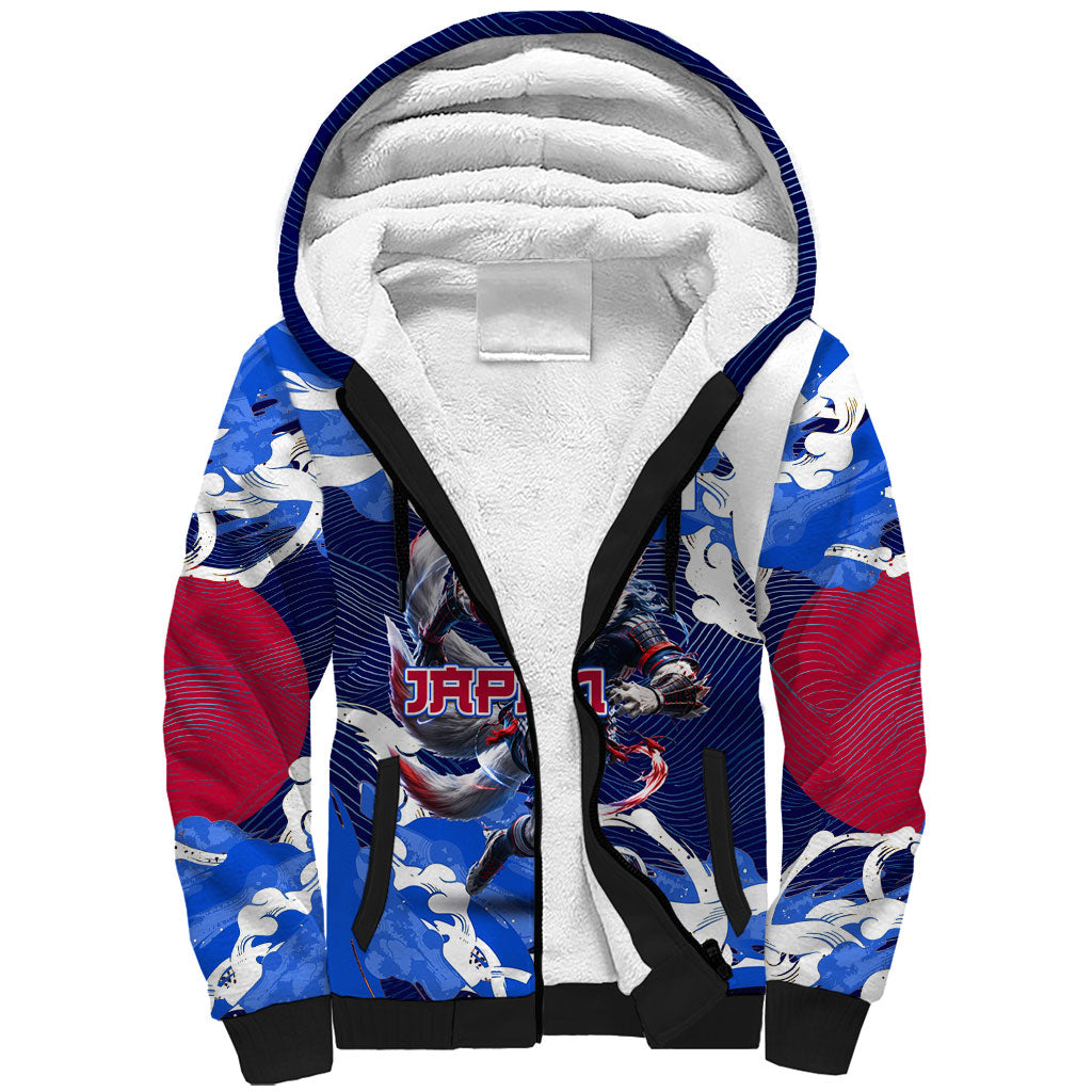 Personalized Japan Football Sherpa Hoodie Kitsune Samurai Mascot - Traditional Wave Heritage