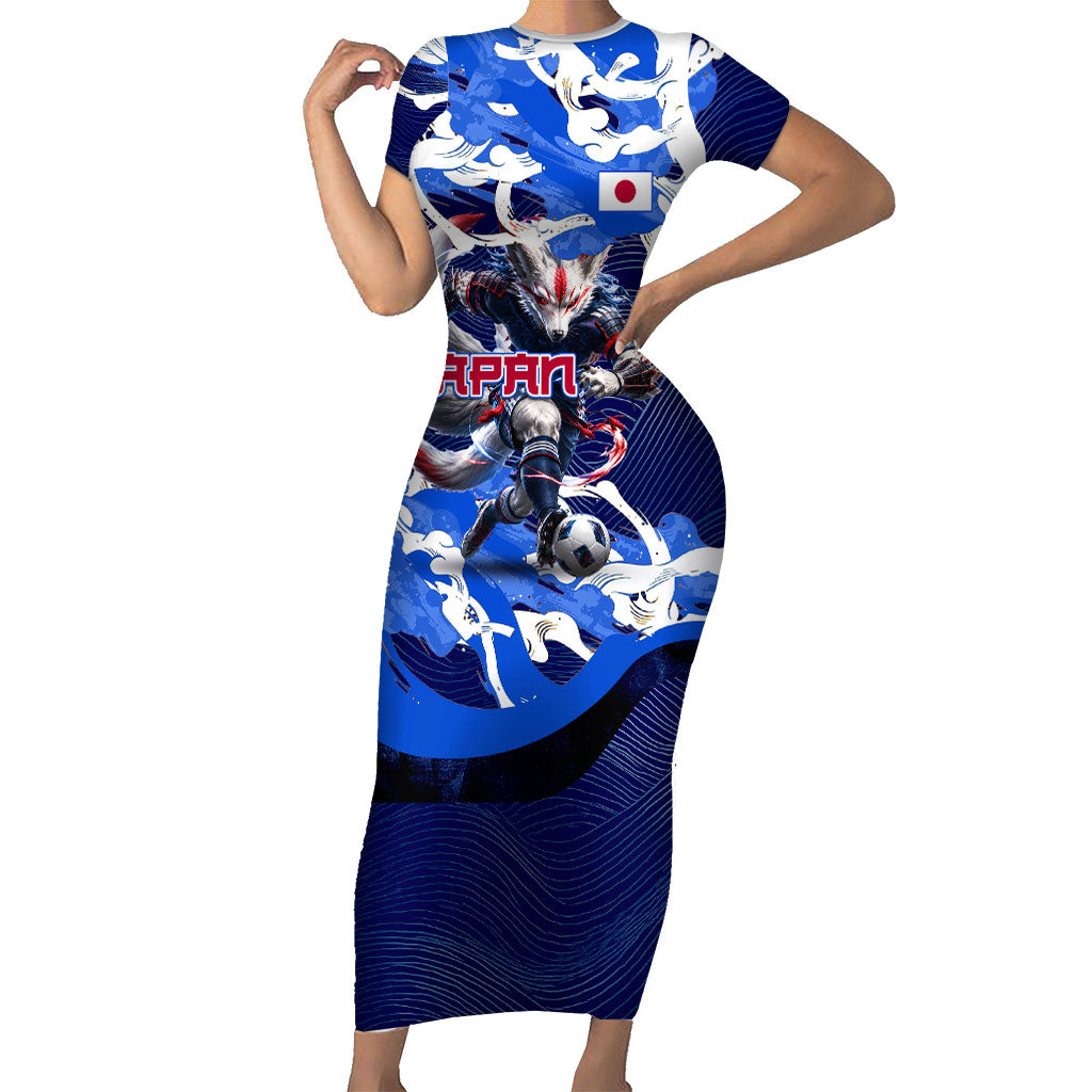 Personalized Japan Football Short Sleeve Bodycon Dress Kitsune Samurai Mascot - Traditional Wave Heritage