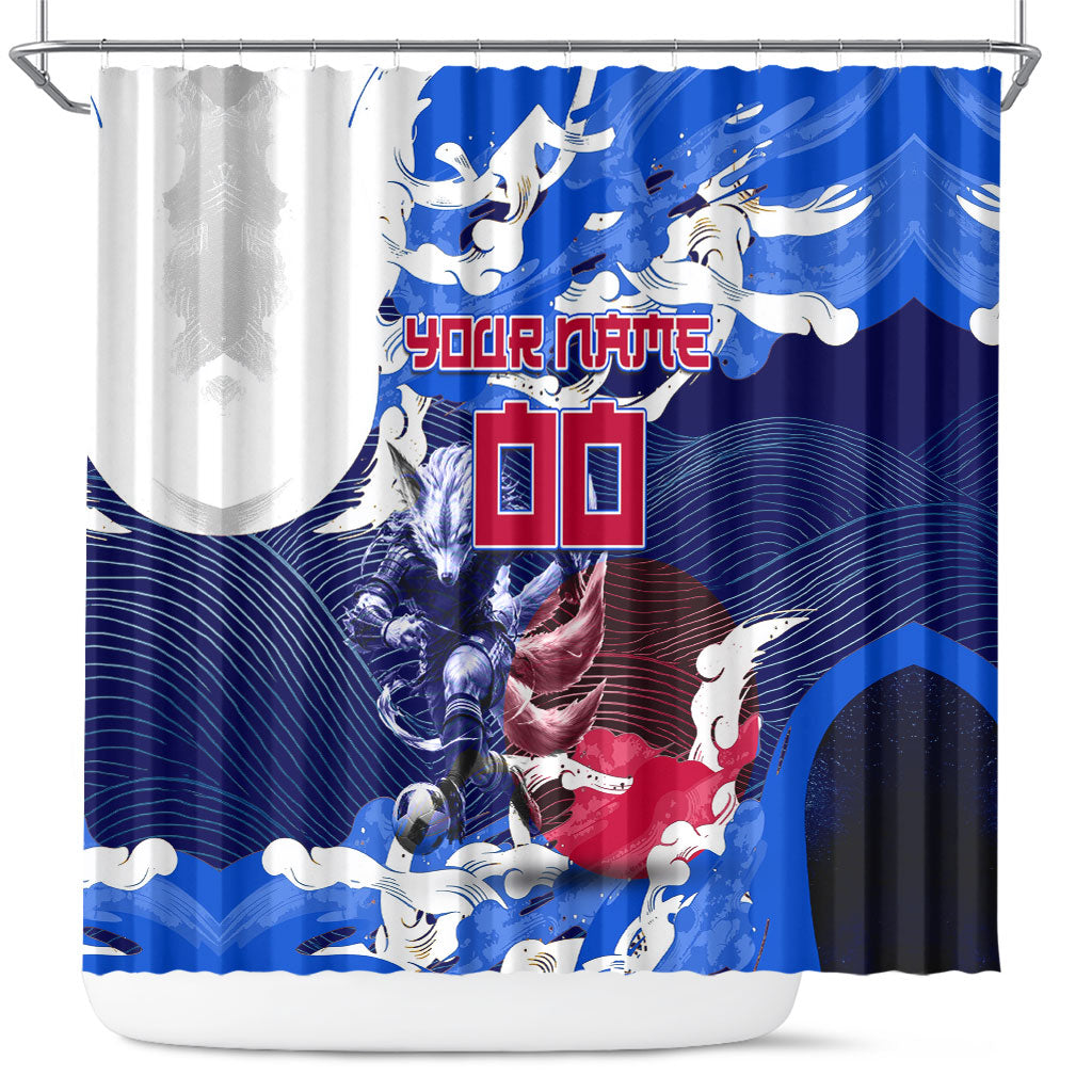 Personalized Japan Football Shower Curtain Kitsune Samurai Mascot - Traditional Wave Heritage