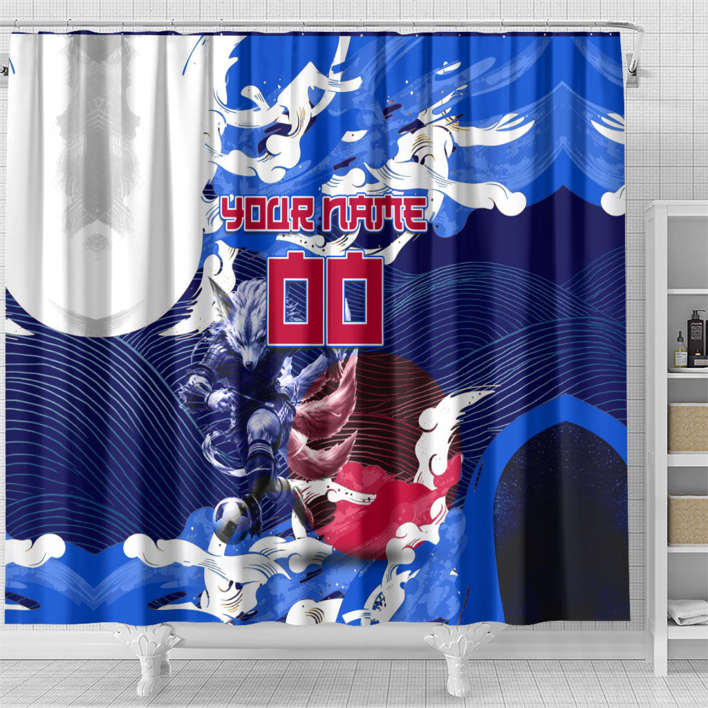 Personalized Japan Football Shower Curtain Kitsune Samurai Mascot - Traditional Wave Heritage