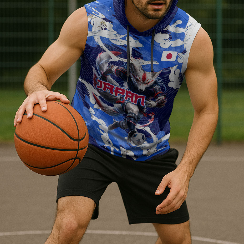 Personalized Japan Football Sleeveless Hoodie Kitsune Samurai Mascot - Traditional Wave Heritage