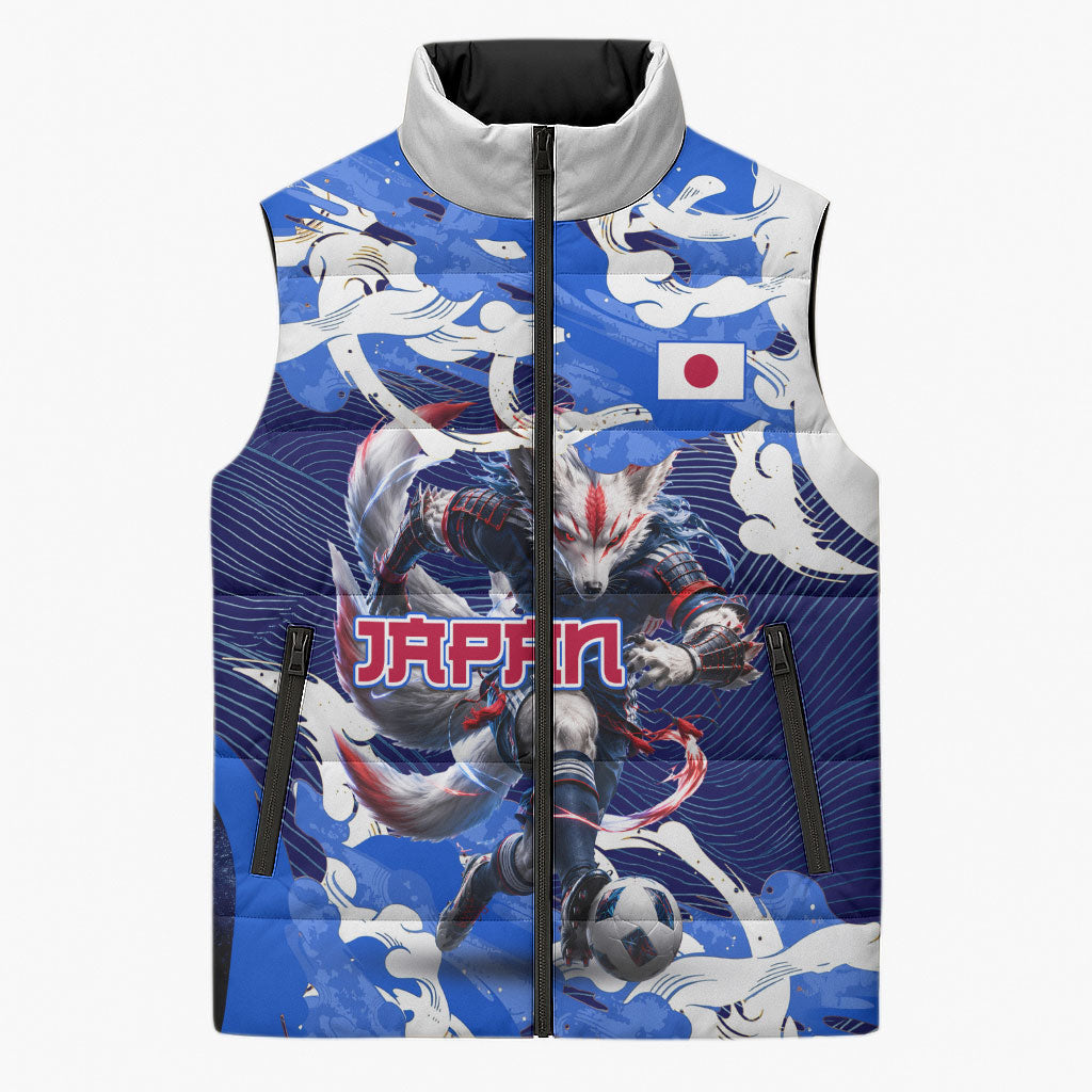 Personalized Japan Football Sleeveless Puffer Jacket Kitsune Samurai Mascot - Traditional Wave Heritage