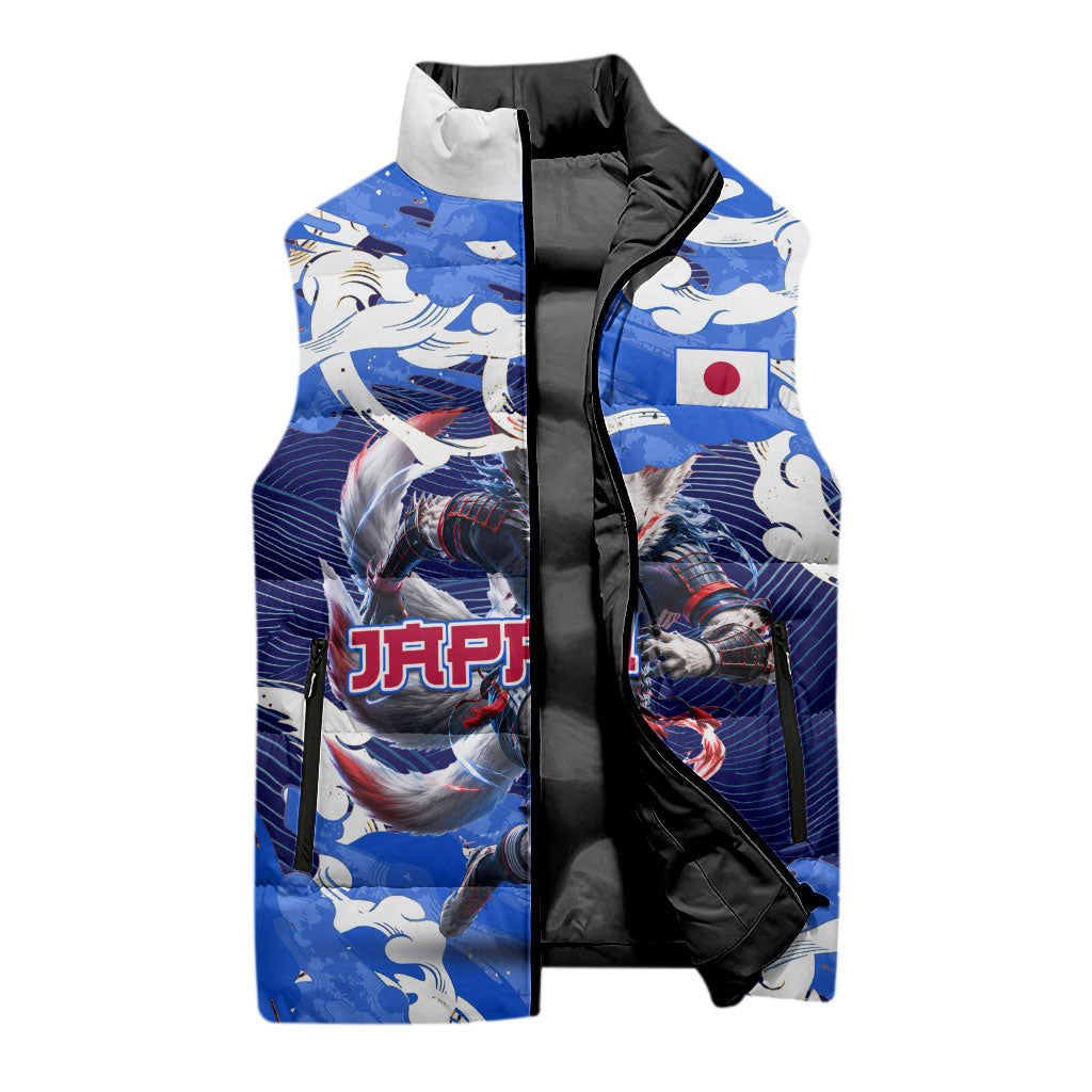 Personalized Japan Football Sleeveless Puffer Jacket Kitsune Samurai Mascot - Traditional Wave Heritage