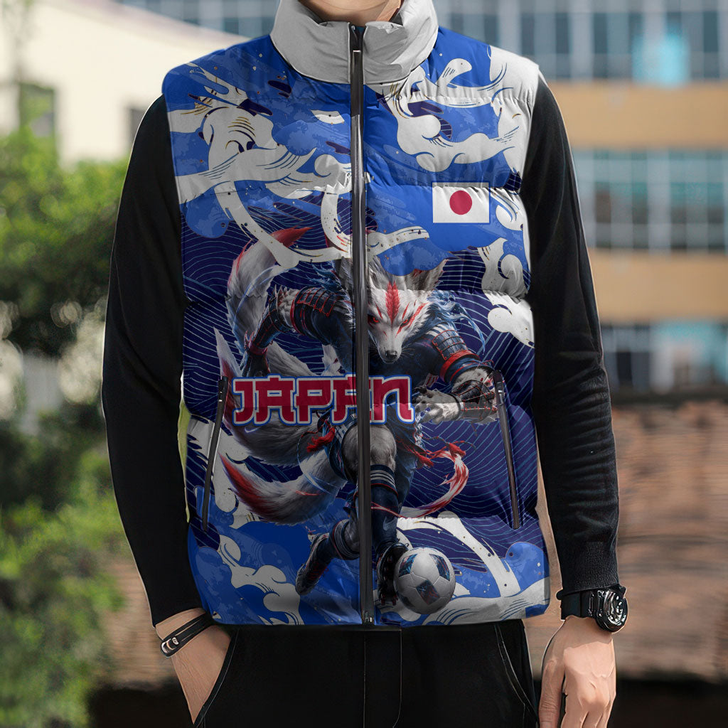 Personalized Japan Football Sleeveless Puffer Jacket Kitsune Samurai Mascot - Traditional Wave Heritage
