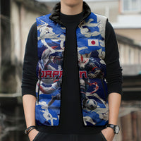 Personalized Japan Football Sleeveless Puffer Jacket Kitsune Samurai Mascot - Traditional Wave Heritage