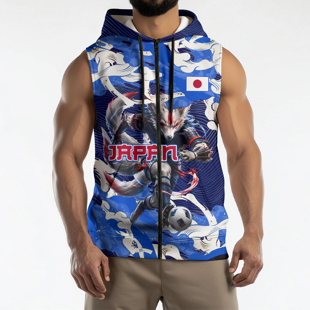 Personalized Japan Football Sleeveless Zip Hoodie Kitsune Samurai Mascot - Traditional Wave Heritage