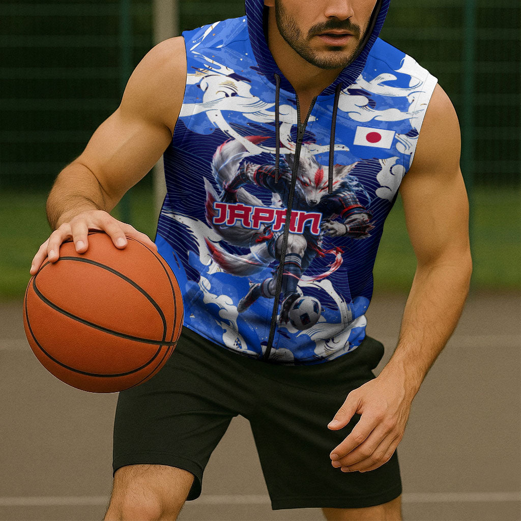 Personalized Japan Football Sleeveless Zip Hoodie Kitsune Samurai Mascot - Traditional Wave Heritage