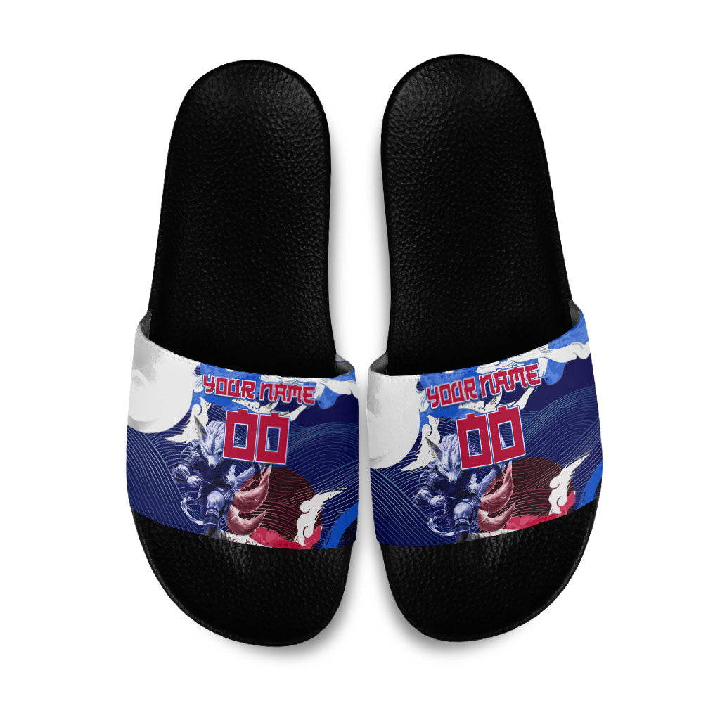 Personalized Japan Football Slide Sandals Kitsune Samurai Mascot - Traditional Wave Heritage
